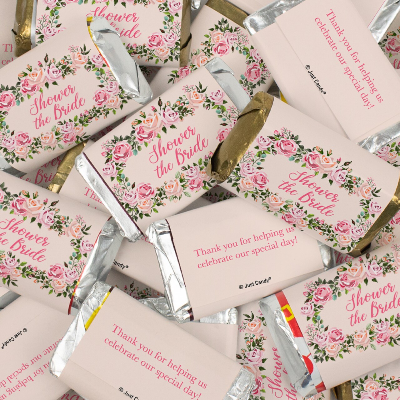 Bridal Shower Pink Floral Wrapped Assorted Chocolate Miniature Bars For Party Favors, Treat Bags, Candy Buffets & More - Shower The Bride